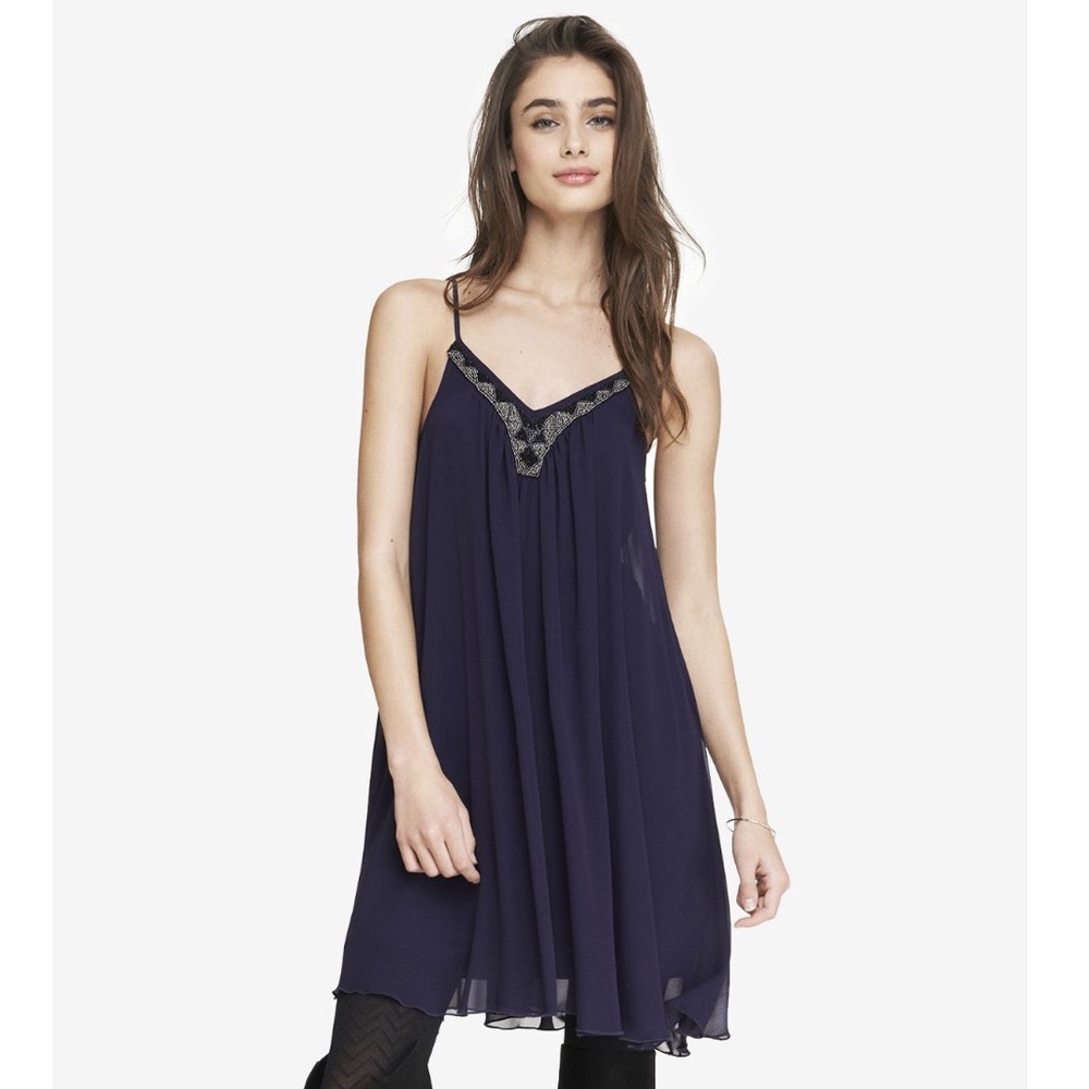 Purple Beaded V-Neck Trapeze Dress